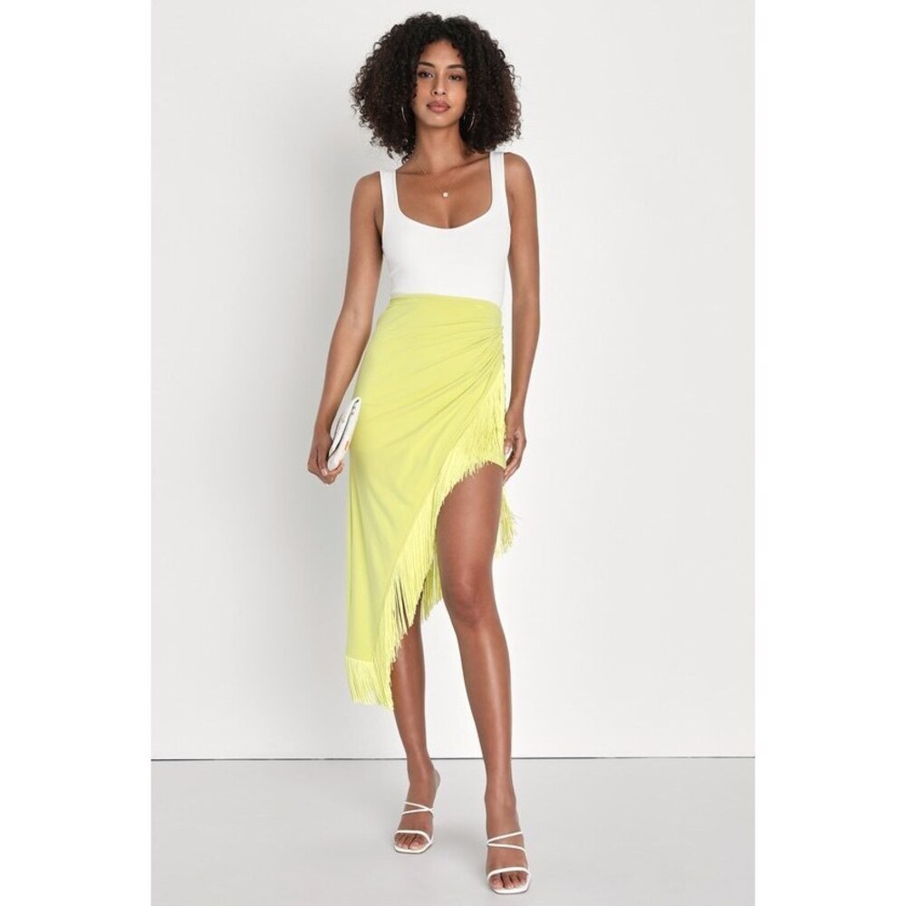 Lulus Festive Flirt Lime Green Ruched Fringe Midi Skirt - Size M